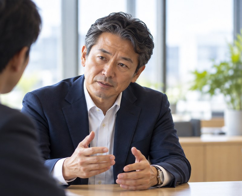 会議室で統合後の経営について話す経営者のイメージ